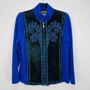 Vintage Bob Mackie Wearble Art Blue Black Embroidered Leather Init Sleeve Jacket